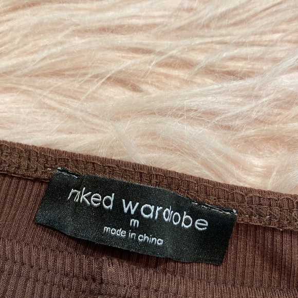 Naked Wardrobe Brown Ribbed Crop Long Sleeve Slit Top sz M - Picture 3 of 9
